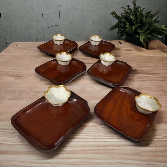 Vintage Denny Francis 1978 Wood Snack Trays w/ Porcelain Dishes | Set of 6 - Picture 2 of 7